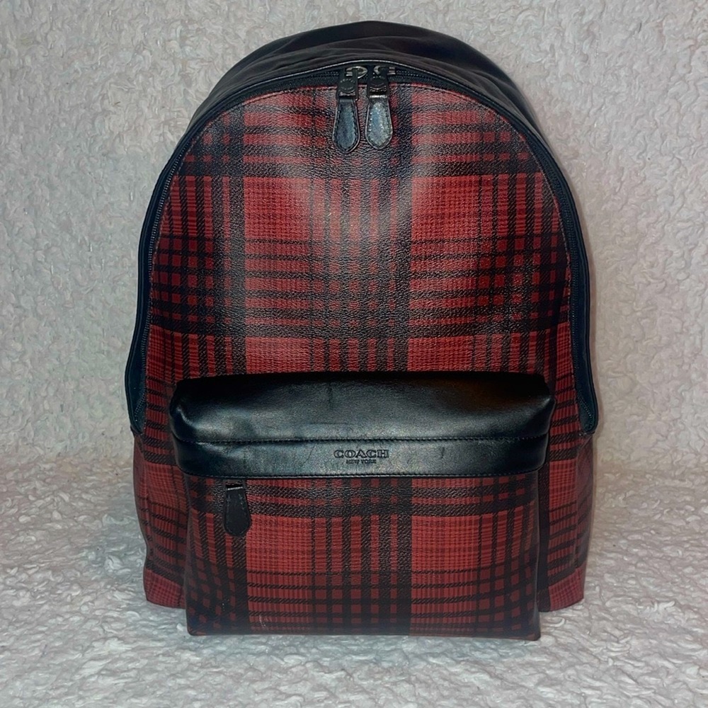 Coach Charles Large Leather Plaid Unisex Backpack Bookbag Red Black